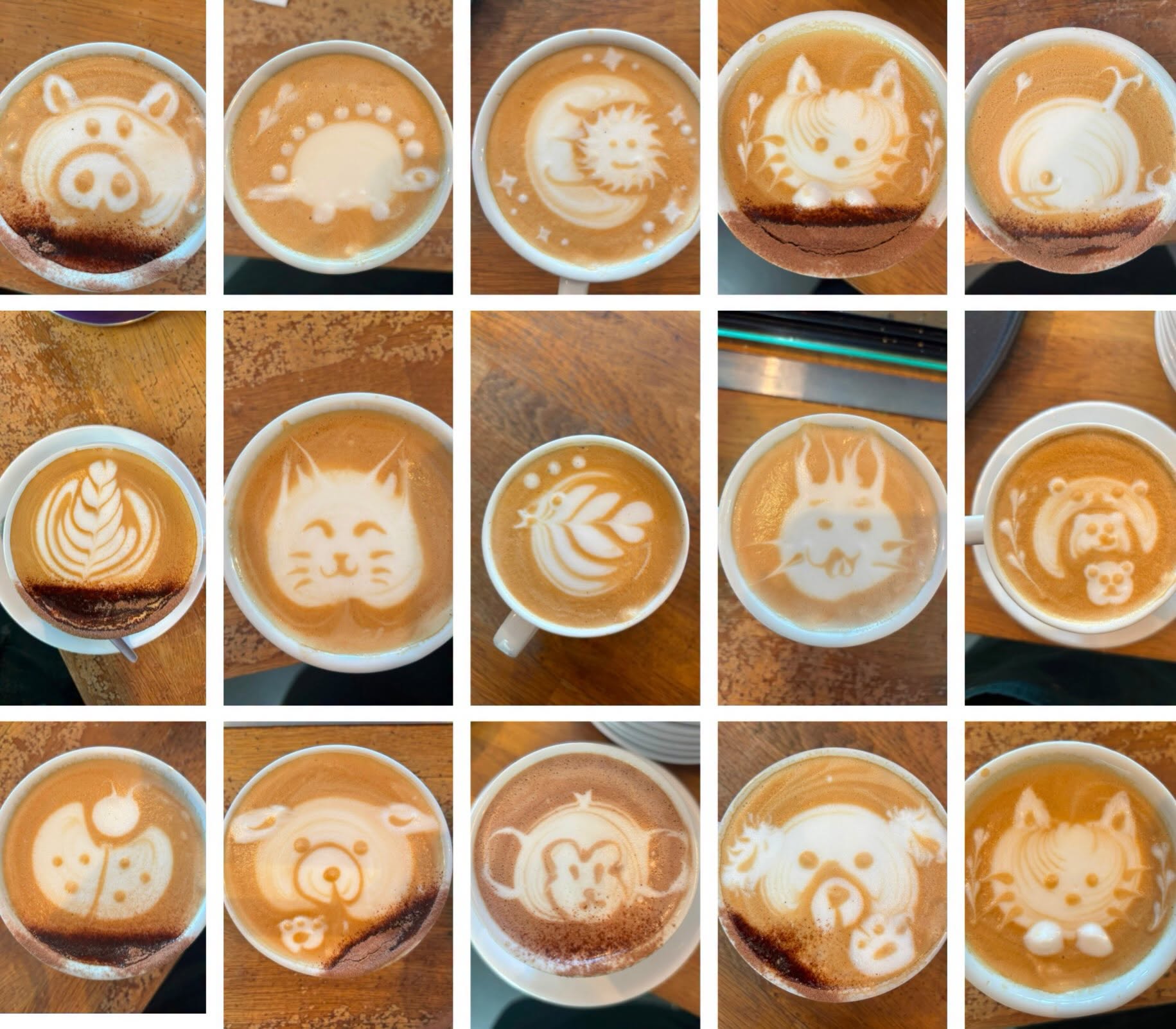 A collection of real coffees and latte art made at Central Park Cafe